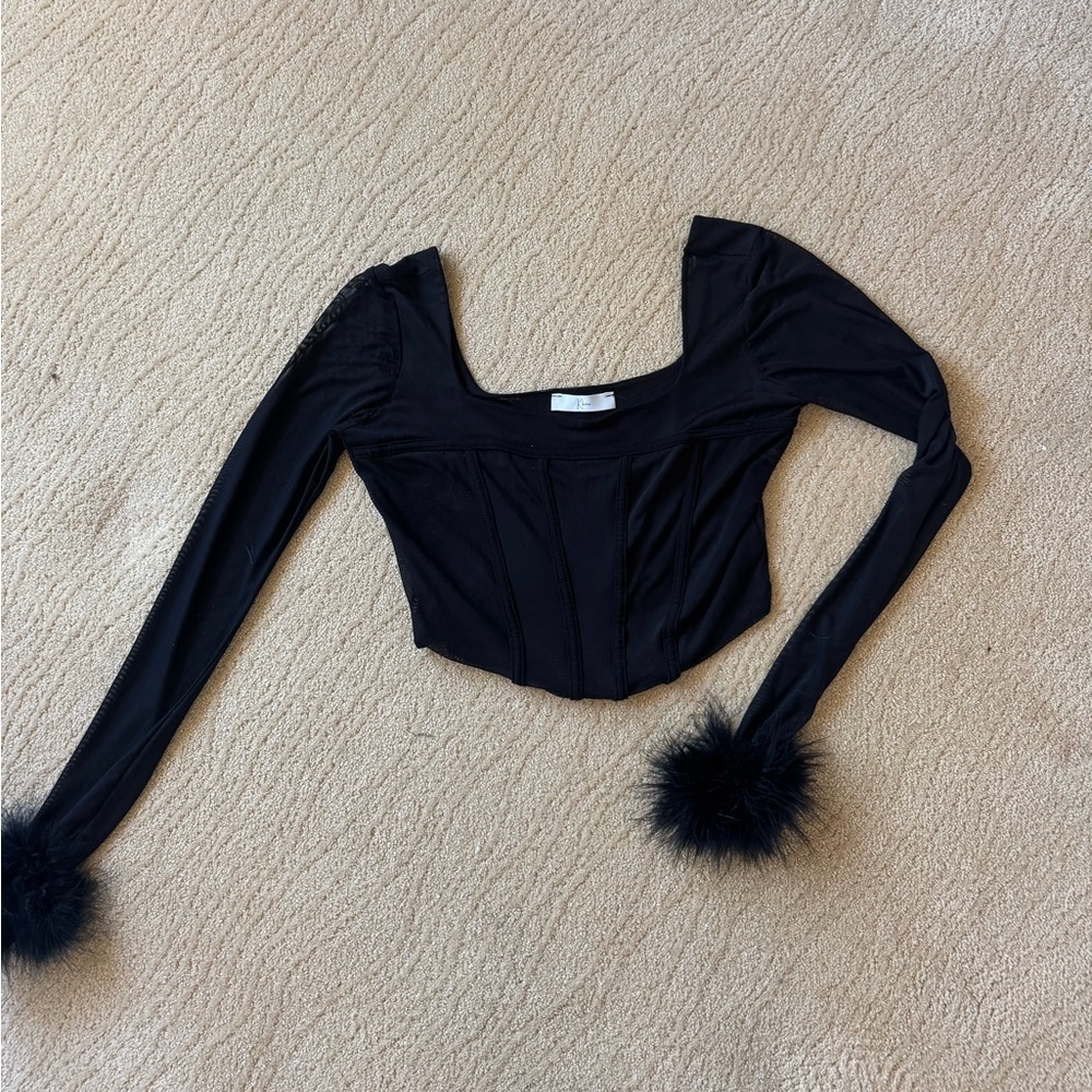 Dolls Kill Mesh Corset Long Sleeve Crop Top (Black, L) rave festival - Picture 2 of 3